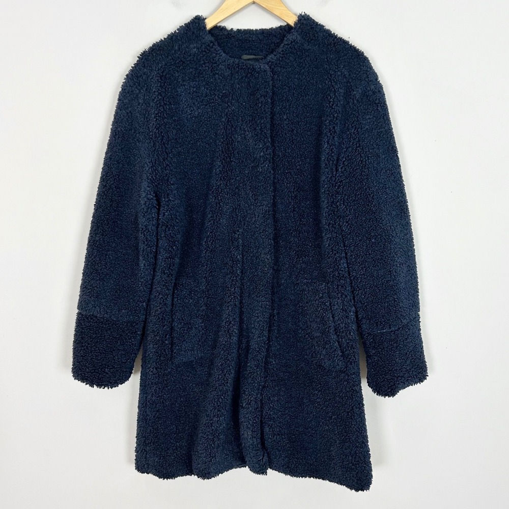 GAP Womens Navy Blue Sherpa Teddy Coat Mid Length Zip Snap Jacket Small